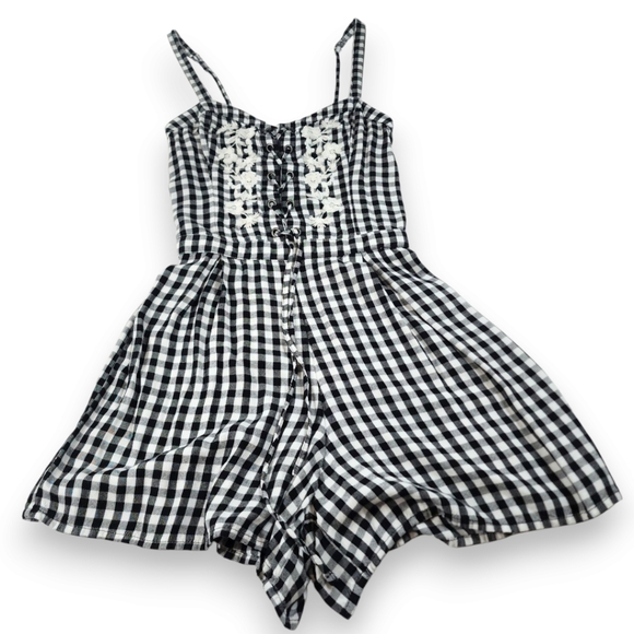 Hollister Black White Gingham Romper Sweetheart Lace-up Embroidered Bodice Small - Picture 2 of 14